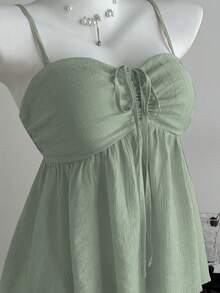 Sweetra Áo hai dây vải xếp ly màu hồng dễ thương cho nữ, mùa hè - màu xanh lá - Xem 7