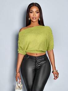 SOLERSUN 女士纹理纯色不对称领口荷叶边肩部T恤 - 綠色 - 查看 6