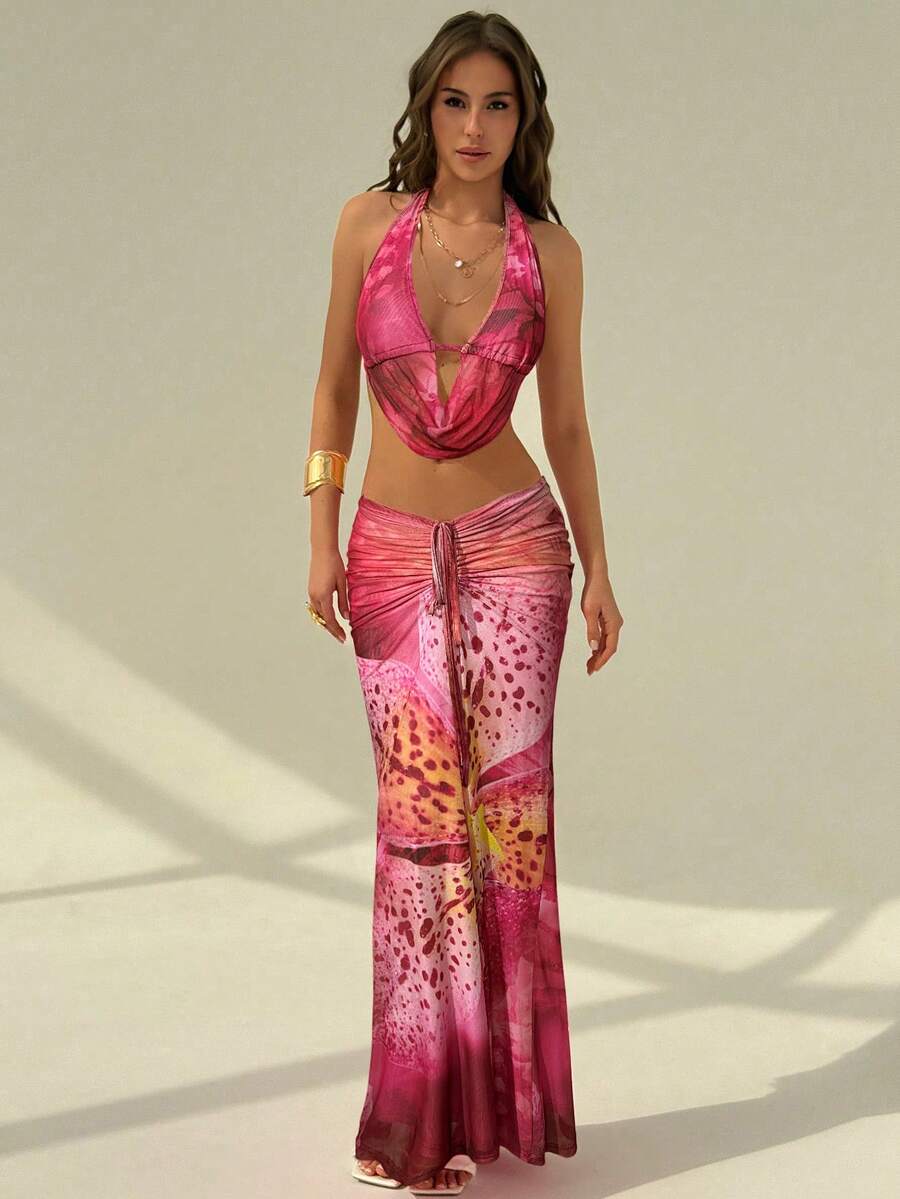 Aloruh Summer Sexy Backless Halter Floral Print Top And Skirt Set - Multicolor - View 1