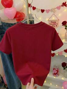 Camiseta de algodón para mujer con estampado de corazón en forma de texto amoroso y corazones rojos para San Valentín y ocasiones románticas - Burdeos - Ver 3