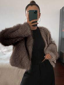 DAZY 女士时尚百搭人造毛皮开衫外套，适合度假和秋冬季节穿着。 - 棕色 - 查看 2