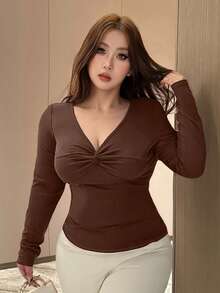 Dazy Plus Áo thun dài tay dáng lửng, màu trơn, ôm sát, gợi cảm, co giãn dành cho nữ cỡ lớn, thích hợp cho mùa xuân/thu. - Cà phê nâu - Xem 1