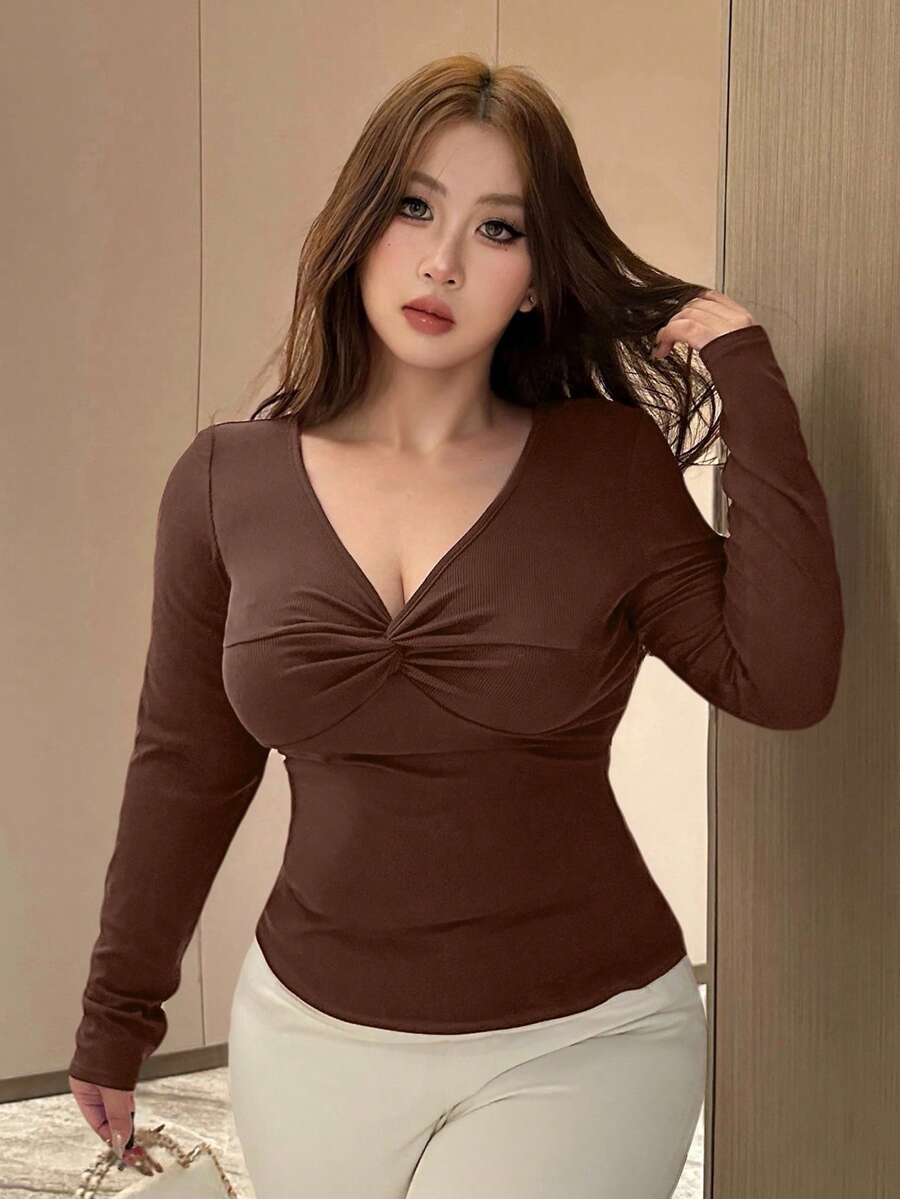 Dazy Plus Áo thun dài tay dáng lửng, màu trơn, ôm sát, gợi cảm, co giãn dành cho nữ cỡ lớn, thích hợp cho mùa xuân/thu. - Cà phê nâu - Xem 1