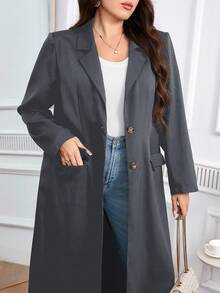 Modelyn 大码休闲百搭纯色长外套 - 深灰色 - 查看 1