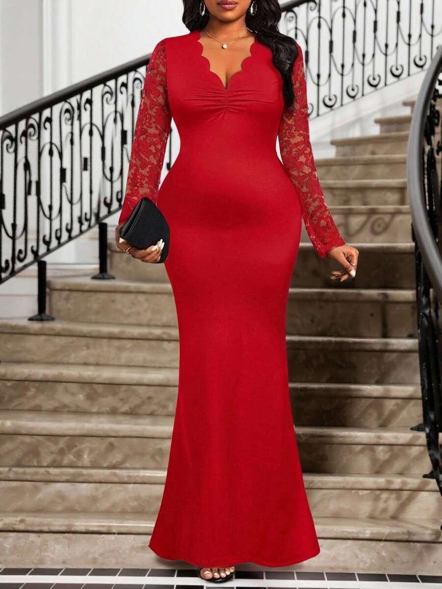 SHEIN Lady 春夏秋冬加大码针织黑色波浪领蕾丝拼接腰部鱼尾长款连衣裙 - 紅色 - 查看 1