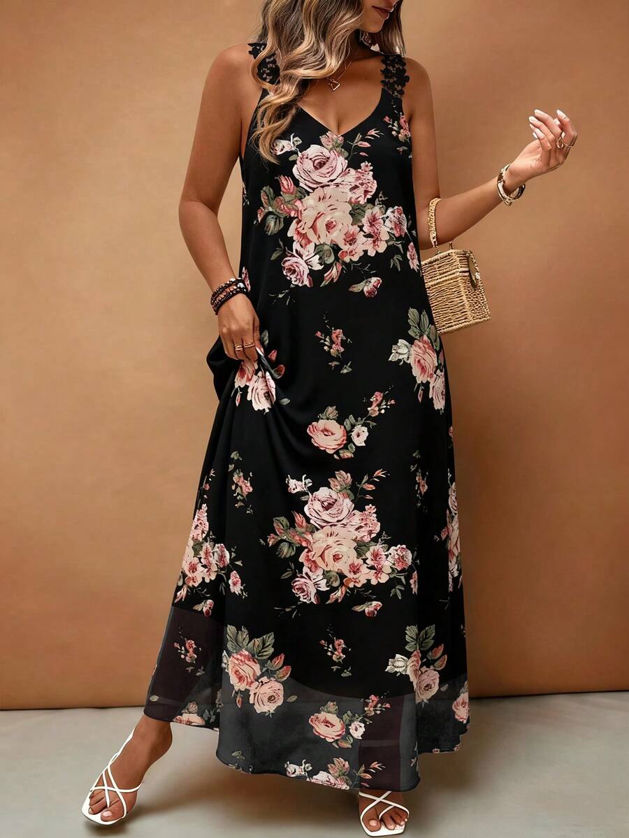 EMERY ROSE Rochie maxi cu imprimeu floral, mărime plus, cu dantelă și bretele subțiri, căptușeală din șifon, elegantă și romantică, primăvară/vară - Negru - Vizualizare 1