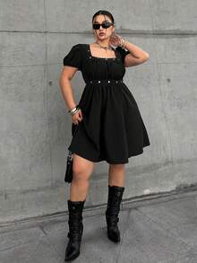POPSWAY Robe courte en tissu à manches courtes avec décoration de rivets pour femmes grandes tailles - Noir - Voir 6