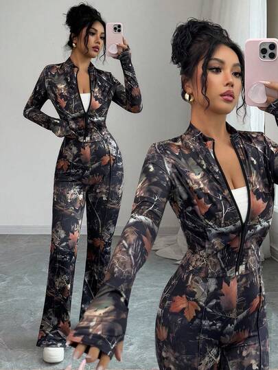 INAWLY Women's Casual Camouflage Pattern Fitted Zip-Up Cropped Top & Flared Pants 2 Pieces Set
