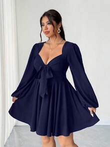 Elenzga Đầm mini đen gợi cảm buộc dây phía trước, khoét lưng dành cho nữ cỡ lớn, thích hợp cho mùa thu. - Màu xanh hải quân - Xem 5