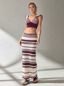 EURMUSE Women Top And Skirt Openwork Sweater Cover Up Set - Burgundy - View 4
