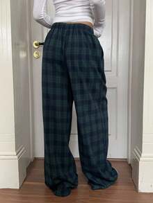 SHEIN EZwear Calça feminina xadrez folgada com cordão, confortável e casual. - Verde escuro - Ver 5