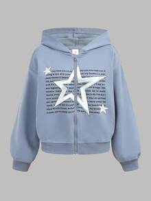 Áo nỉ trùm đầu họa tiết ngôi sao mát mẻ dành cho bé gái tuổi teen, áo ba lỗ cổ tròn và quần túi hộp - Màu xanh bụi bặm - Xem 12