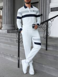 Manfinity CasualCool 男士休闲通勤运动风机车印花撞色条纹长袖Polo衫和长裤套装，春秋季 - 白色 - 查看 3