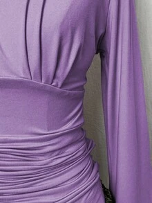 EgrlEra Áo thun nữ cổ chữ V nhún bèo, kiểu dáng thường ngày, đa năng, tay loe, thích hợp cho kỳ nghỉ, du lịch. - Màu tím hoa cà - Xem 5