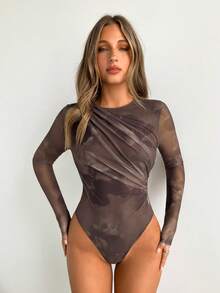 Siren Gaze Body de mujer con cuello redondo, manga larga y fruncido con estampado de teñido anudado - Multicolor - Ver 3