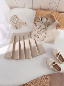 SHEIN Babygirl Elegant Cute Apricot Floral Print Camisole & Pleated Skirt 2-Piece Set - Apricot - View 4