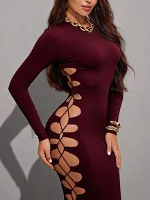 Zyxie Casual Solid Color Sexy Cutout Long Sleeve Dress For Women - Burgundy - View 4