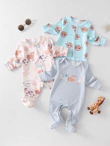 3件套新生儿豌豆绿条纹农场动物印花长袖连脚连体睡衣套装 - 橄欖綠 - 查看 3