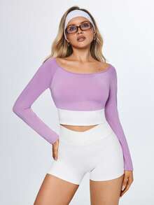 Eassivo Eassivo Damen Lässiges Kontrast Farbiges Off-Shoulder Langarm Sport T-Shirt - Violett - Übersicht 3