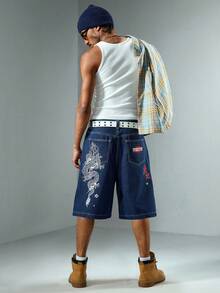 ROMWE MEN Anime Quần short denim dáng rộng, thường ngày có túi thêu họa tiết chữ dành cho nam - Màu xanh lam - Xem 8