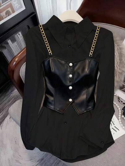 GlowEve CURVE Plus Size Casual Chain Decor 2 In 1 Long Sleeve Shirt, Autumn Leather Top Women Leather Corset Top Black Leather Top Black Western Top Leather Tops