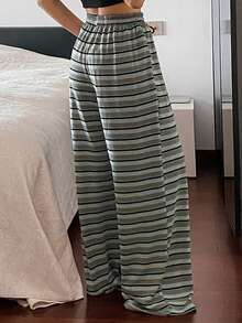 DAZY Women's Striped Loose Elastic Waist Casual Straight Leg Comfortable Pajama Bottoms - Green - View 2
