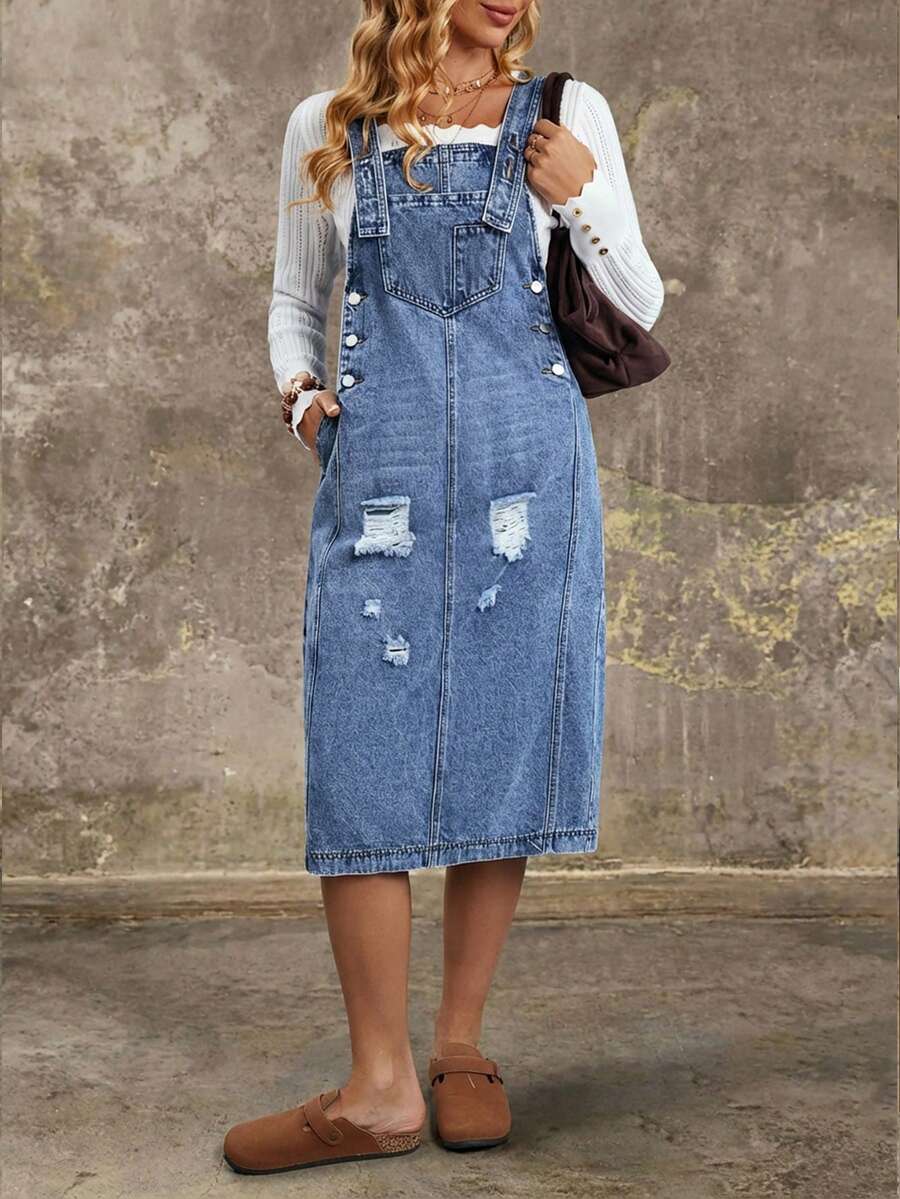 EMERY ROSE 休闲日常百搭口袋纽扣女式牛仔连衣裙 - 藍色 - 查看 1