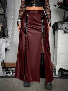 Whyspr Váy dài cỡ lớn dành cho mùa thu/đông, chất liệu giả da PU, có khoen kim loại, buộc dây, khoét rỗng, xẻ tà đôi, kiểu dáng thanh lịch, cổ điển, gợi cảm, phong cách punk goth. - Màu Đỏ Sâu - Xem 6