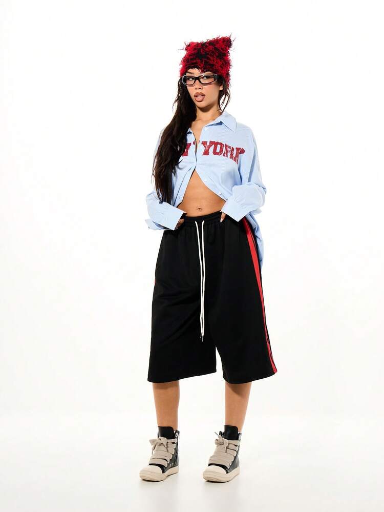 SUMWON WOMEN Wide Leg Graphic Shorts With Stripe Details