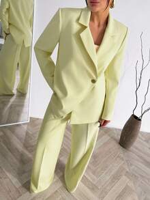 EURMUSE Women Blue And White Striped Detailed Blazer Jacket And Pant Suit Sets - Light Yellow - View 4