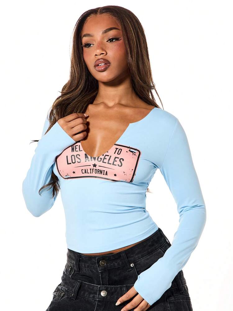 SUMWON WOMEN Notch Neck Graphic Top With Los Angeles Print