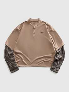 ROMWE MEN Street Life Men's Contrast Color Patchwork Distressed Pullover Pullover Sweatshirt - Brown - View 8