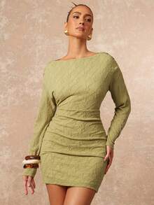 Lumalex Olive Green Autumn Seductive Night Out Mini Dress,Textured Stretch Draped Open-Back Cowl Long Sleeves Soft Crinkle Knit Body-Contouring Elegant Party - Green - View 3