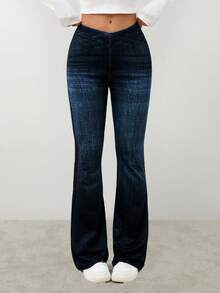 SHEIN PETITE Women's Overlapping Waist, Slightly Flared, Elegant Pockets, Natural Flared Trousers, Dark Trousers For Women - Dark Wash - View 7