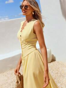 Vivid Eden 女士纯色贝壳边饰无袖褶皱荷叶边优雅连衣裙 - 鵝黃色 - 查看 6