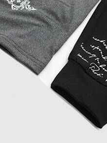 ROMWE MEN Áo thun nam kiểu dáng thường ngày, phối màu tương phản, in chữ nổi bật, màu tối, thích hợp cho mùa thu. - màu đen - Xem 5