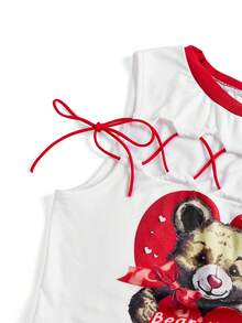 Y2Kool Whitebread Women's White & Red New Year Party Style Valentine's Day Hot Girl Millennial Y2K Sexy Tie-Front Lace-Up Bear Print Round Neck Sleeveless Color-Block Top Y2k Cute Tops Y2k Cute Tshirts Women Women Cute Tops Springs Women Birthday For Women Carnival,Valentine's Day - Red and White - View 4