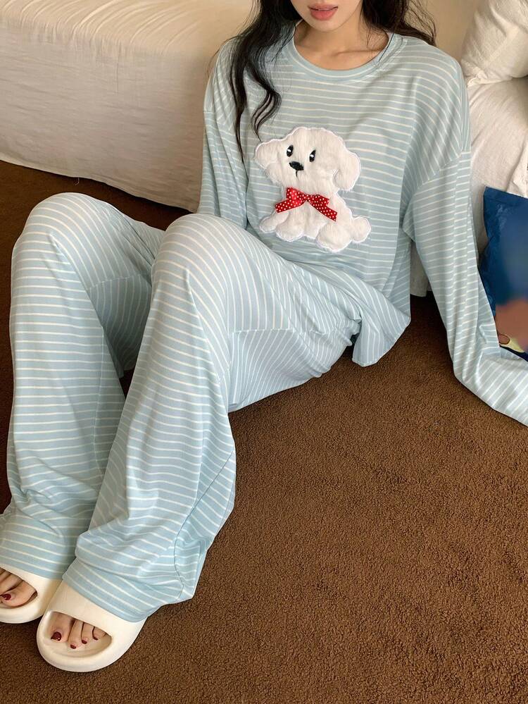2pcs Dog Print Striped Loose Long Sleeve & Long Pants Women Pajama Set