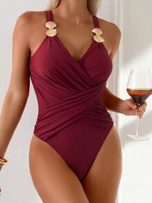 Swim Lushoire 1 Stück burgunderrotes gestricktes Stoff-Badeanzug mit goldfarbener Muscheldekor und asymmetrischen Raffungen für reifere Frauen, Frühling/Sommer - Bordeaux - Übersicht 1