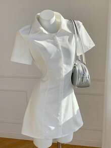 SHEIN EZwear Women's Short Sleeve Shirt Dress - White - View 5