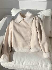 SHEIN EZwear Teddy Lined Zip Up Moto Jacket In Fall/Winter - Beige - View 1