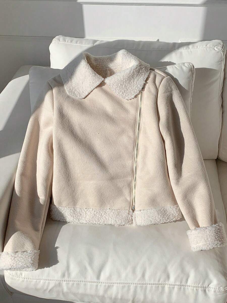 SHEIN EZwear Teddy Lined Zip Up Moto Jacket In Fall/Winter - Beige - View 1