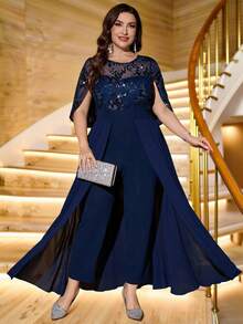 SHEIN Clasi 大码女式优雅亮片拼接长款飘逸优雅派对圣诞派对服装 大码优雅连体裤 藏蓝色连体裤 女士优雅正式连体裤 女士正式连体裤 大码正式服装 新年服装 女士新年派对服装 女士新年夜连衣裙 新年女士服装 新年 - 藏蓝色 - 查看 3