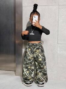 SHEIN Celana Jeans Longgar Motif Kamuflase dan Ranting untuk Anak Perempuan - MultiWarna - View 5
