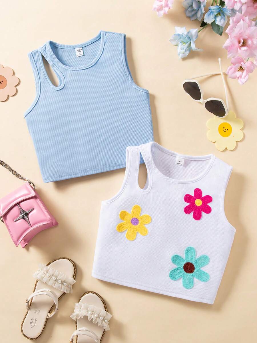 Bộ 2 áo croptop ôm sát, thêu họa tiết 3D rực rỡ cho bé gái, màu trắng và hồng tím. - Nhiều màu - Xem 1