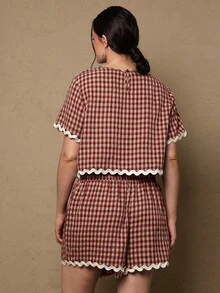 SHEIN VCAY Plus Size Women Plaid Round Neck Short Sleeve Shirt And Shorts Casual 2 Piece Set - Red - View 6