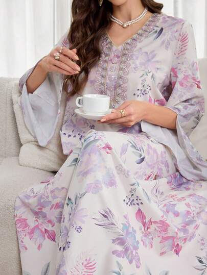 Al Najma Women's Floral Embroidery V-Neck Flare Sleeve Elegant Arabic Style Dress