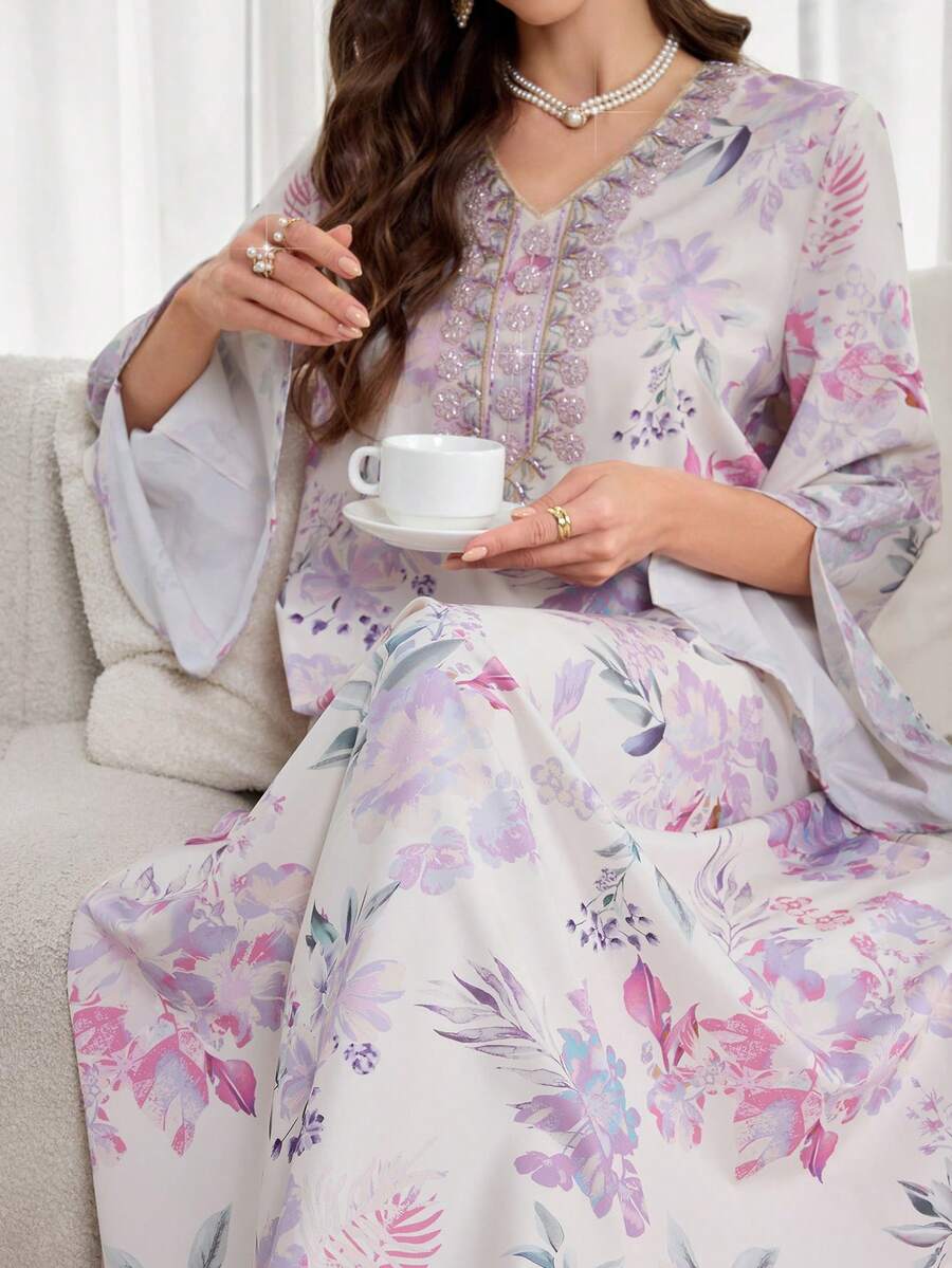 Al Najma Women's Floral Embroidery V-Neck Flare Sleeve Elegant Arabic Style Dress - Multicolor - View 1