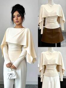 SHEIN Elenzya New Design Women's Shawl Collar Long Sleeve Elastic Knit Top, Elegant Everyday Versatile Fitted Slim Fit T-Shirt - Apricot - View 1