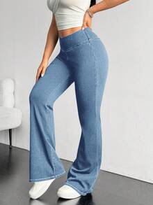 Flexra Plus Size Solid Color Casual Elastic Jeans Flared Leggings For Women Stretchy Jeans Pants Flare Leg Flared Sweatpants - Blue - View 5